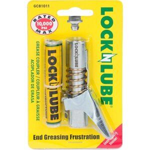 Grease Gun Coupler locks onto Zerk fittings. Grease goes in, not on the